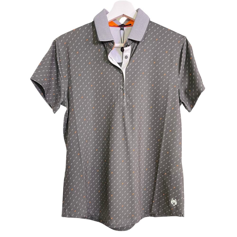 Greyson Women Polo Shirt Gray Print Short Sleeve Performance Golf Top M NWT